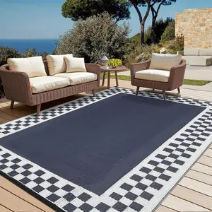 Modern Checkered Outdoor Rugs Waterproof Patio Rugs Indoor Outdoor Bordered Reversible Mat Foldable Lightweight Plastic Straw Carpet for Deck, Picnic, Porch, Camper, Balcony, Beach, Navy