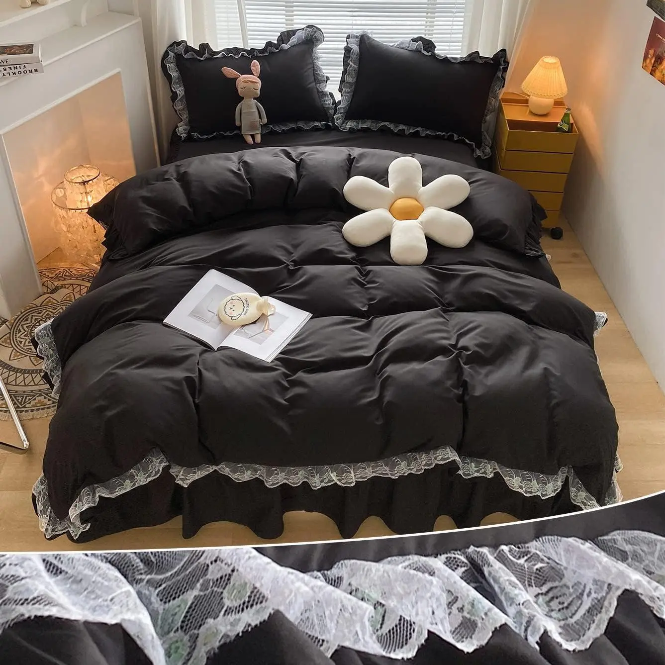 Chic Ruffle Lace Duvet Cover Set -Girl Black Bedding-3 Piece Queen Duvet Cover with Zipper Closure -Soft and Light Weight(Black, Queen)-NO Including Comforter