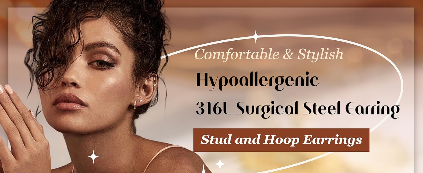 20g Hypoallergenic Flat Back Earrings, Studs Earrings, Cartilage Earring Sets for Multiple Piercings, Surgical Stainless Steel, Trendy Earring Stacks, Hoop Earrings