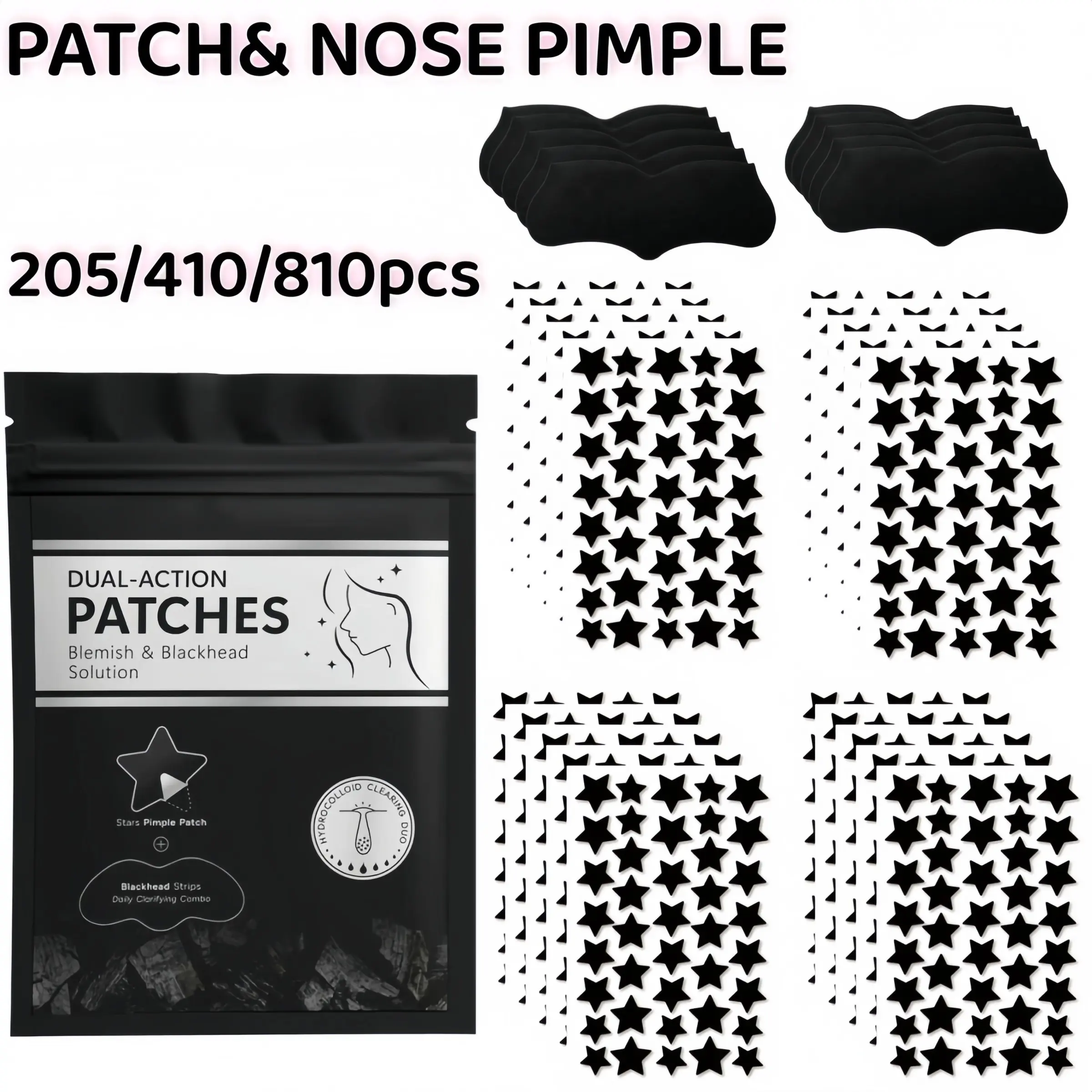 205/410/810pcs Black Star Hydrocolloid Pimple Patch & Nose Strip Combo, Dual-Action Blemish and Blackhead Care Set with Pore Cleansing Nose Strips for Daily Face Care Acne Treatment Set