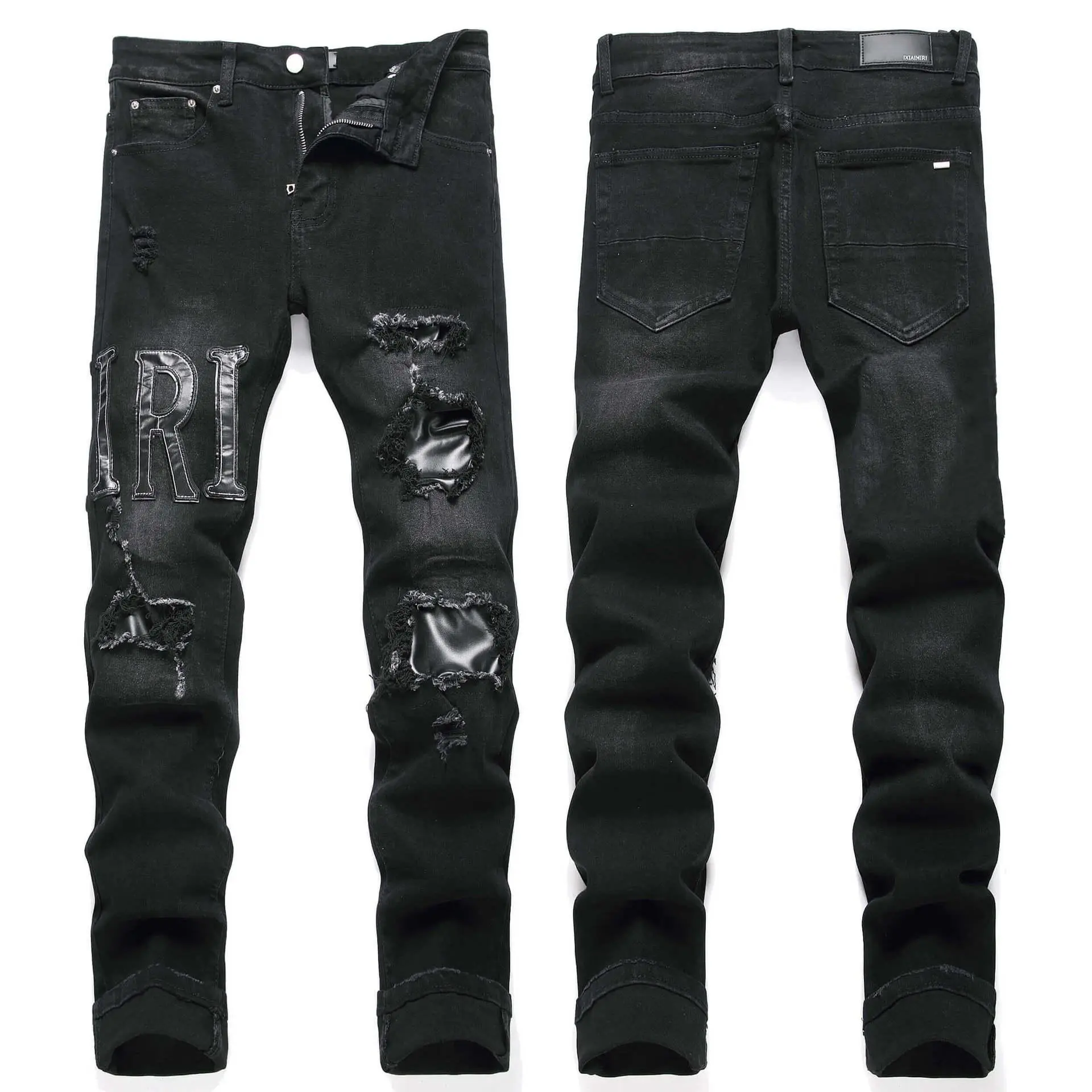 Men's Black Distressed Skinny Jeans, Ripped Patch Leather Letter Denim Pants, Hip Hop Streetwear Slim Fit Stretch Destroyed Jeans for Men