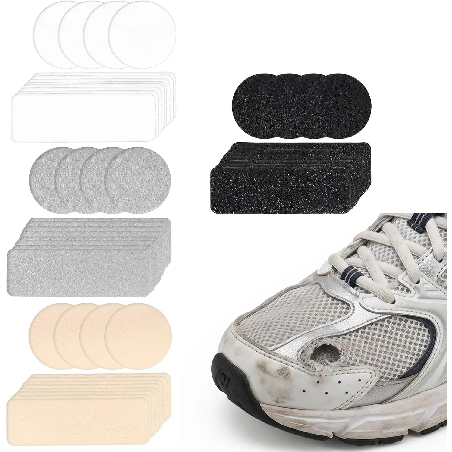 48 count Shoe Patches for Holes, Self-Adhesive Shoe Repair Kits, Shoe Heel Repair Patches Rectangular Round Form, Hole Repair Patchs for  Sneakers Mesh Shoes four Colors