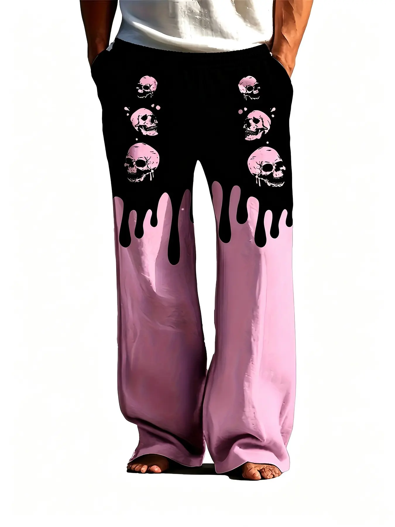 Pink Dripping Skull Graphic Print Unisex Casual Home Bottoms Elastic Waist Soft Street Gothic Style Daily Loose Loungewear Sleep Trousers