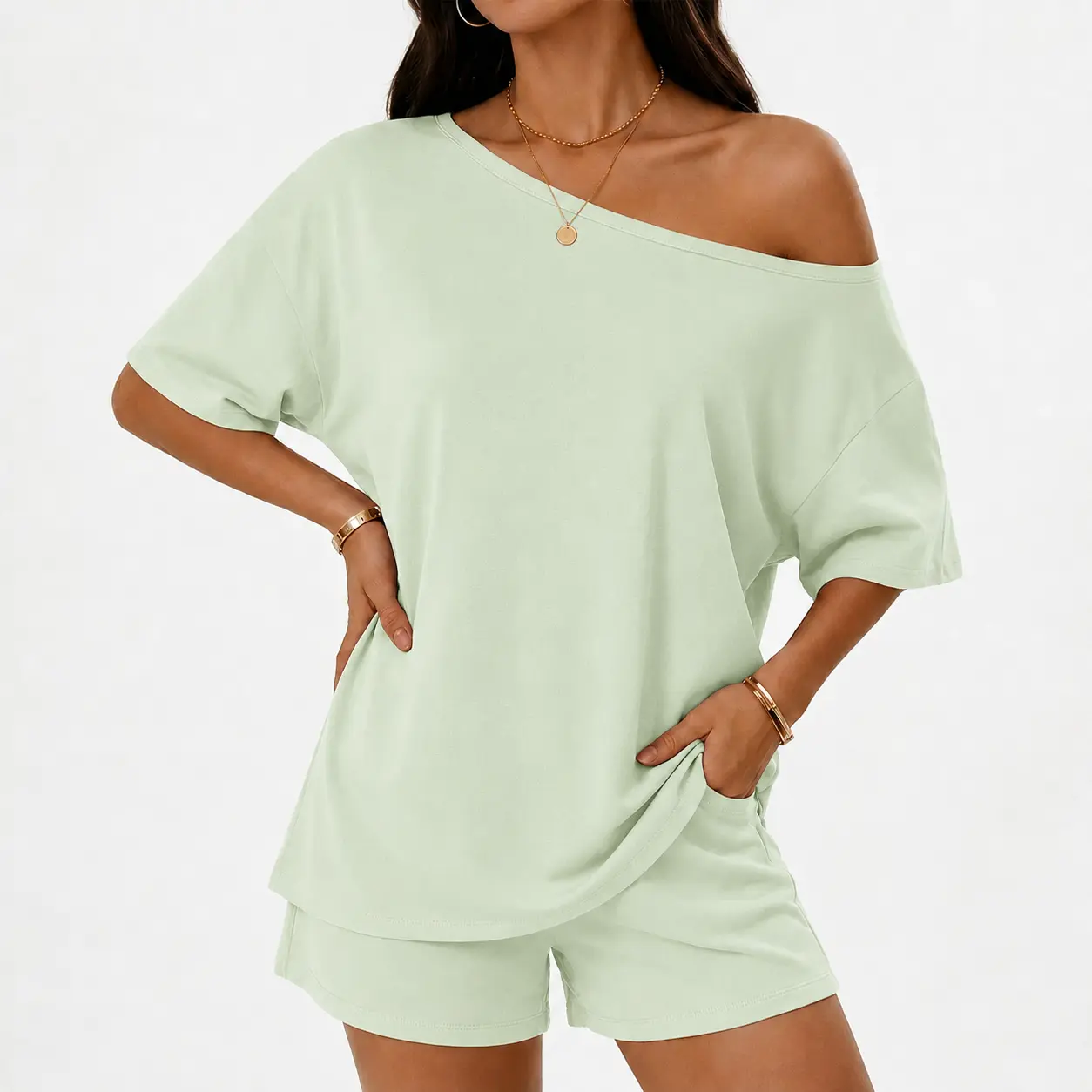Women’s Trendy 2 Piece Lounge Outfit, Oversized Off Shoulder Top and Shorts Matching Set, Casual Streetwear Style
