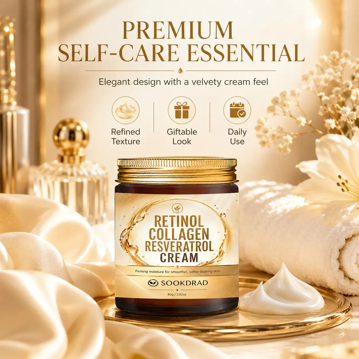 Retinol Collagen Resveratrol Cream, Firming Moisturizer, Moisturizing, Smoother Softening Skin Care, For Face, All Skin Types, 80g