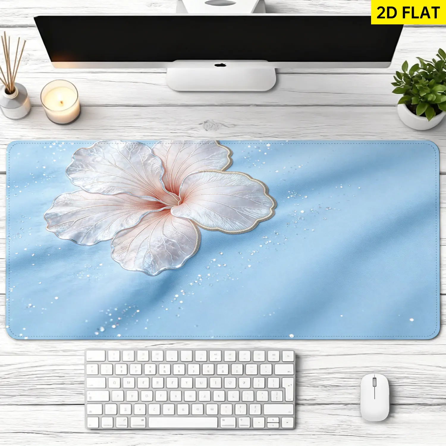 Extra Large Light Blue Hibiscus Flower Glitter Mouse Pad,Non Slip Rubber Pad,Desktop Decoration Drotection Pad,Washable,Lock Edge Multi Size,Premium Multipurpose Mousepad For Office,Home,Gift for Family and Friends