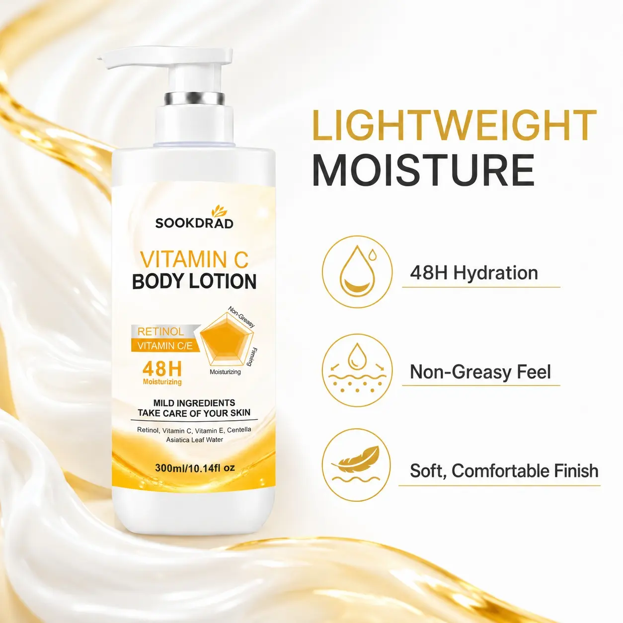 Vitamin C Body Lotion, added retinol, vitamin C, vitamin E, 48H moisturizing, non-greasy, firming, body care, all skin types, 300ml/10.14fl oz