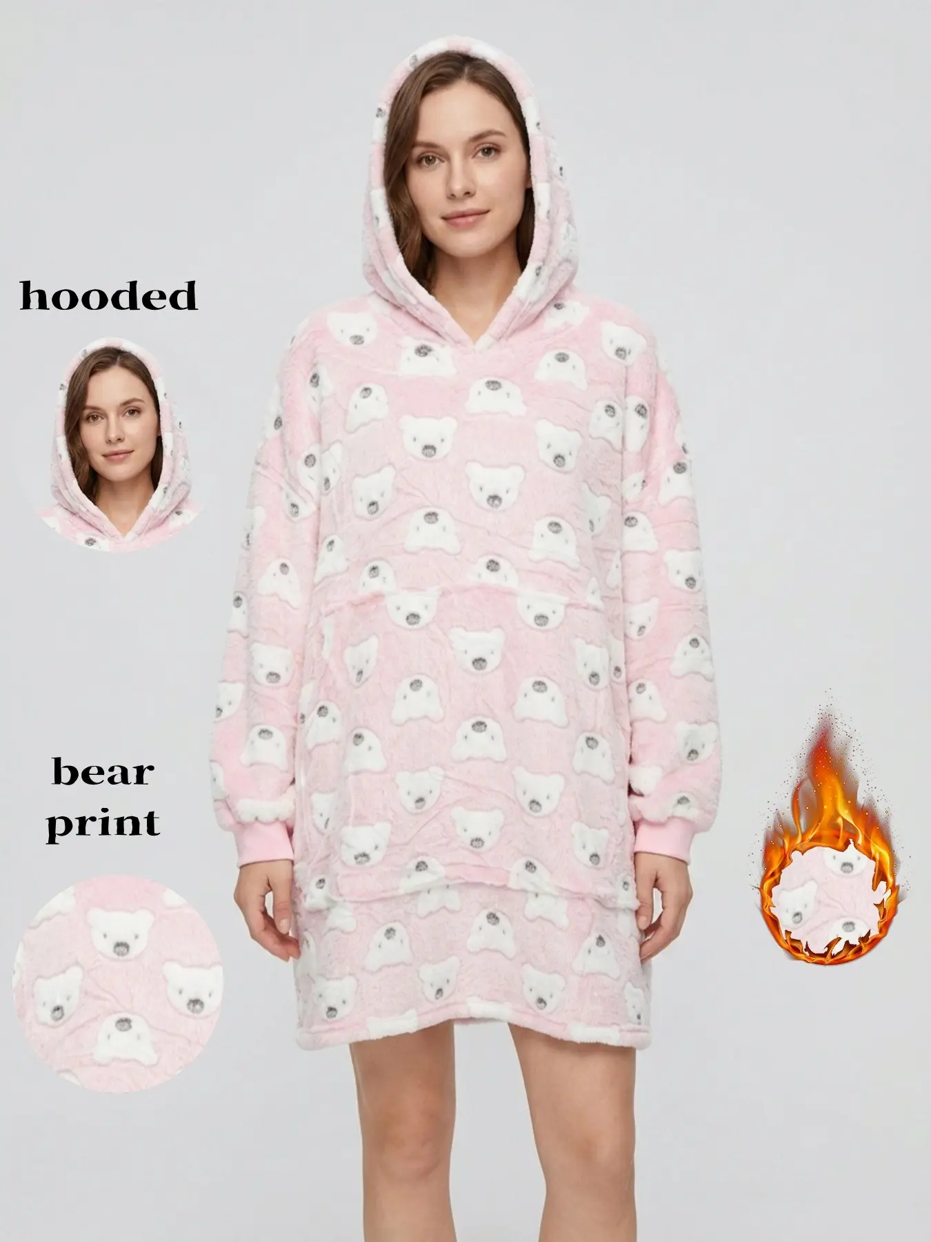 Women's Fall Winter Soft Cute Bear Snowman Reindeer Plush Hooded Sleep Dress, Loose Kangaroo Pocket Warm Sweatshirt, Home Leisure Pajamas