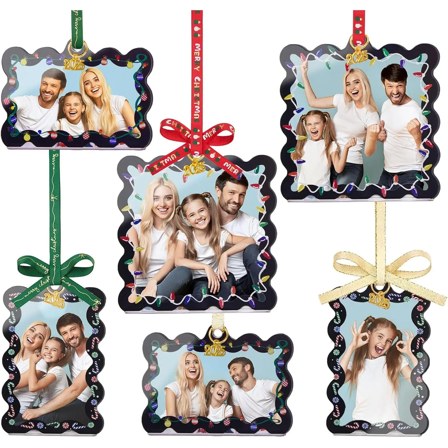 6 count Black Wave Christmas  Picture Frame Ornaments, 3 Sizes for Christmas Tree Decor,   Decoration, Double-Sided Photo Frames for Holiday  Party