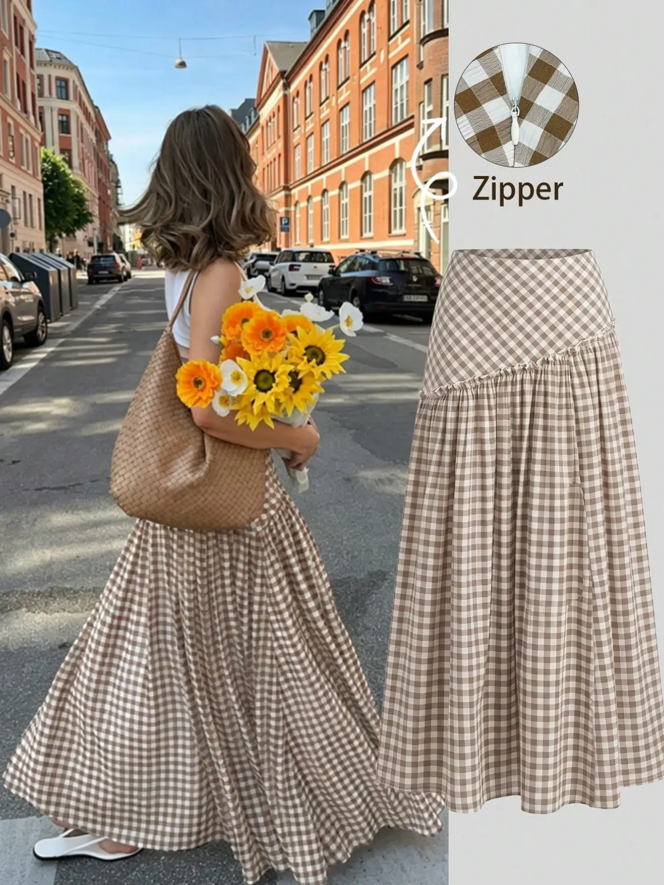 Brown Gingham Maxi Skirt Women High Waist Plaid Long Skirt Ruffle Tiered A Line Skirt Casual Vacation Cottagecore Streetwear Chic Fashion