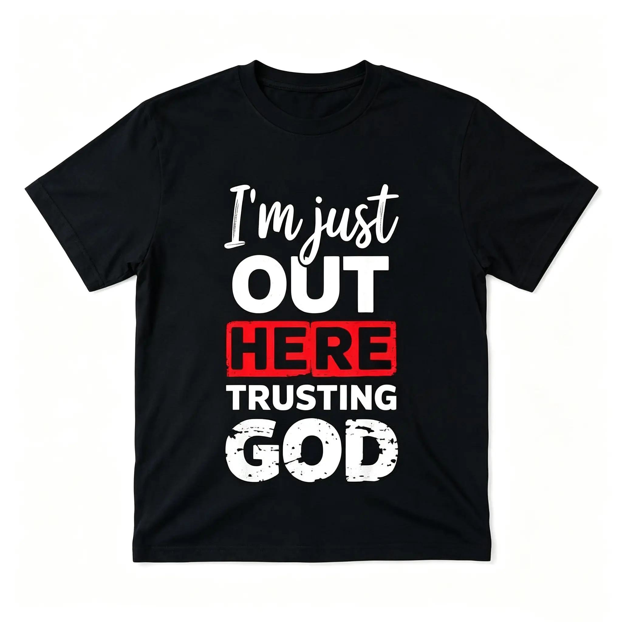 I'm Just Out Here Trusting God Distressed Text Graphic Short Sleeve Top, Inspirational Christian Faith Slogan Tee, Religious Positive Vibes Casual Outfit For Women