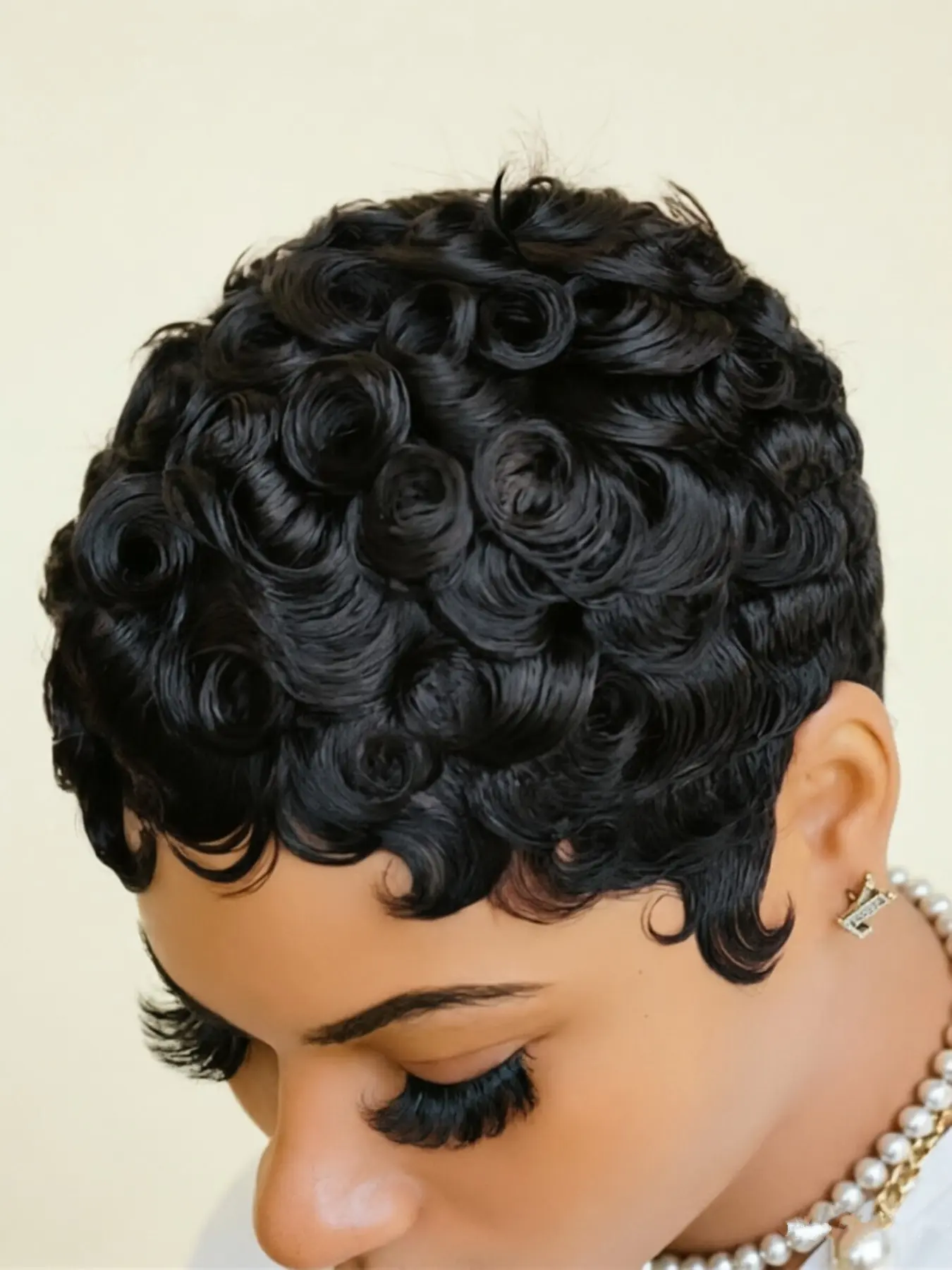 pixie wig  Human Hair Pixie Cut Wig  Short Curly Wavy Wig with Bang Black Color  Elegant Style for Daily Use, Short Hair Wig, Stylish Hairpiece, Human Hair Wigs