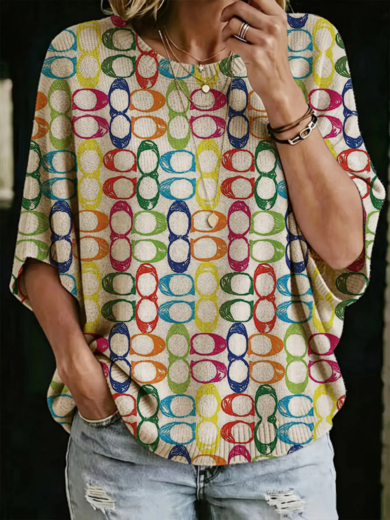 Women's Knit Top for Spring Summer Fall Winter, Casual Commuter Geometric Print Sweater, Versatile Daily Wear