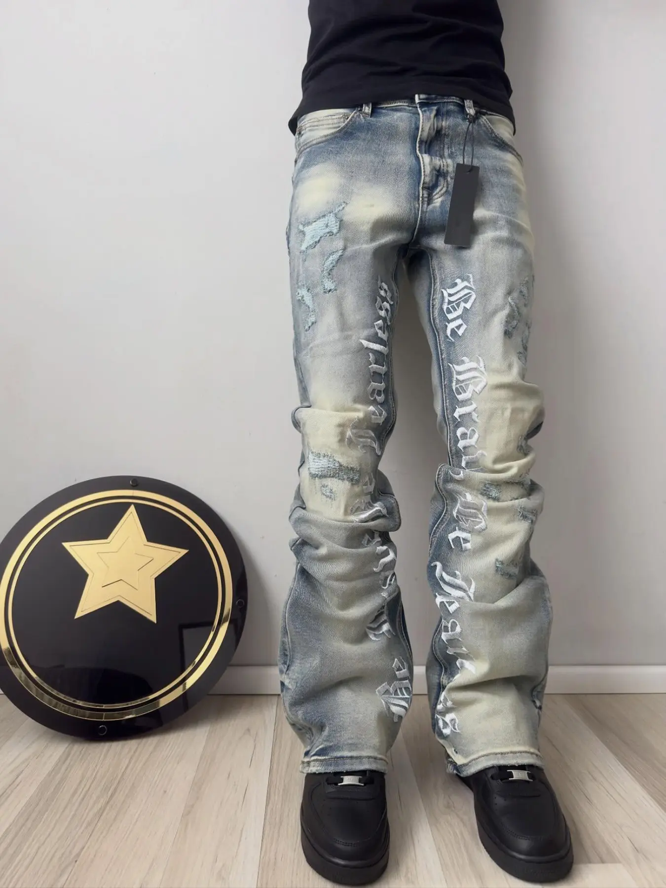Men's Embroidered Jeans, Micro Flare Denim Jeans, Letter Stitching, Embroidery, Tight Fit, Ripped Bell Bottoms, Washed Y2K Style, Streetwear, All Seasons