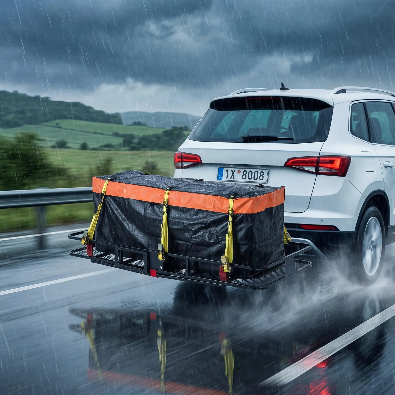 70" x 30" Hitch Cargo Carrier, Heavy-Duty 500 lb Folding Cargo Basket for 2" Receiver, Carbon Steel Rear Hitch Rack with Stabilizer, Reflectors, Ratchet Straps and Locks for SUV, Truck and Pickup