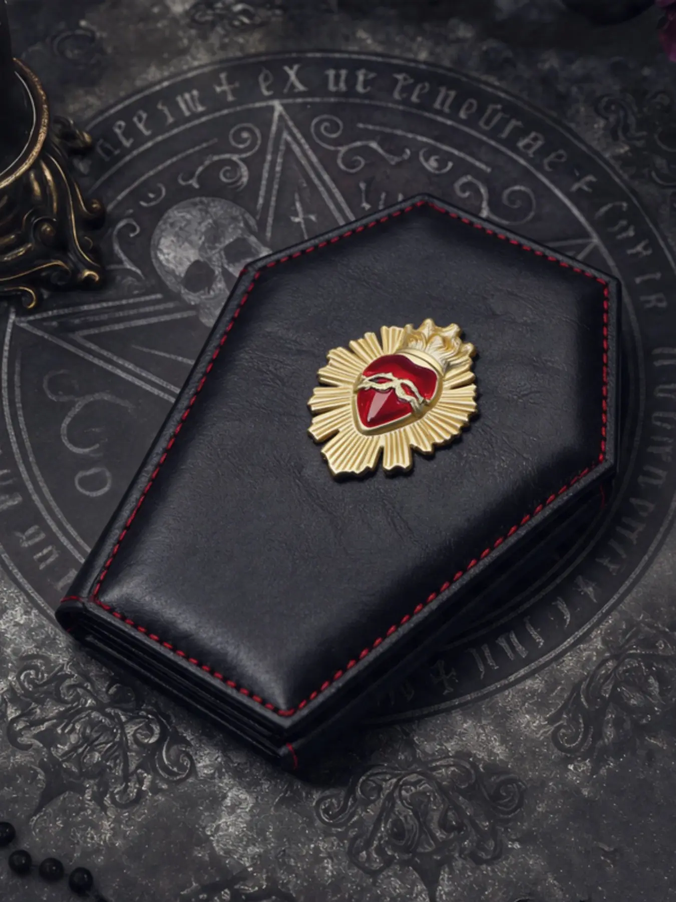 Gothic PU Leather Bifold Durable Wallet, Coffin Design, Punk Style, Baroque Pattern, All-Season Accessory, No Ca Prop 65