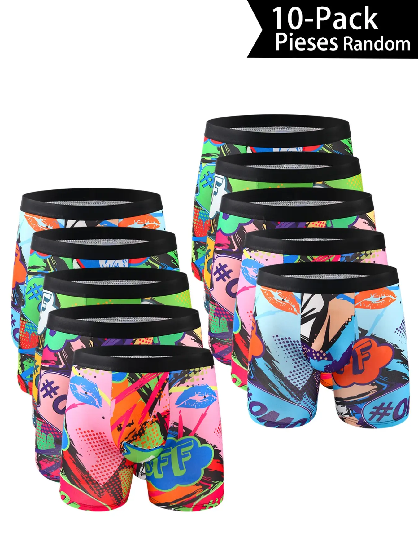 10 Pcs Random Color Comic Lip Print Letter Print Men's Long Boxer Briefs, High Elasticity, Slim-Fitting, All Seasons, Casual Trunks, Fitted Boxer Shorts