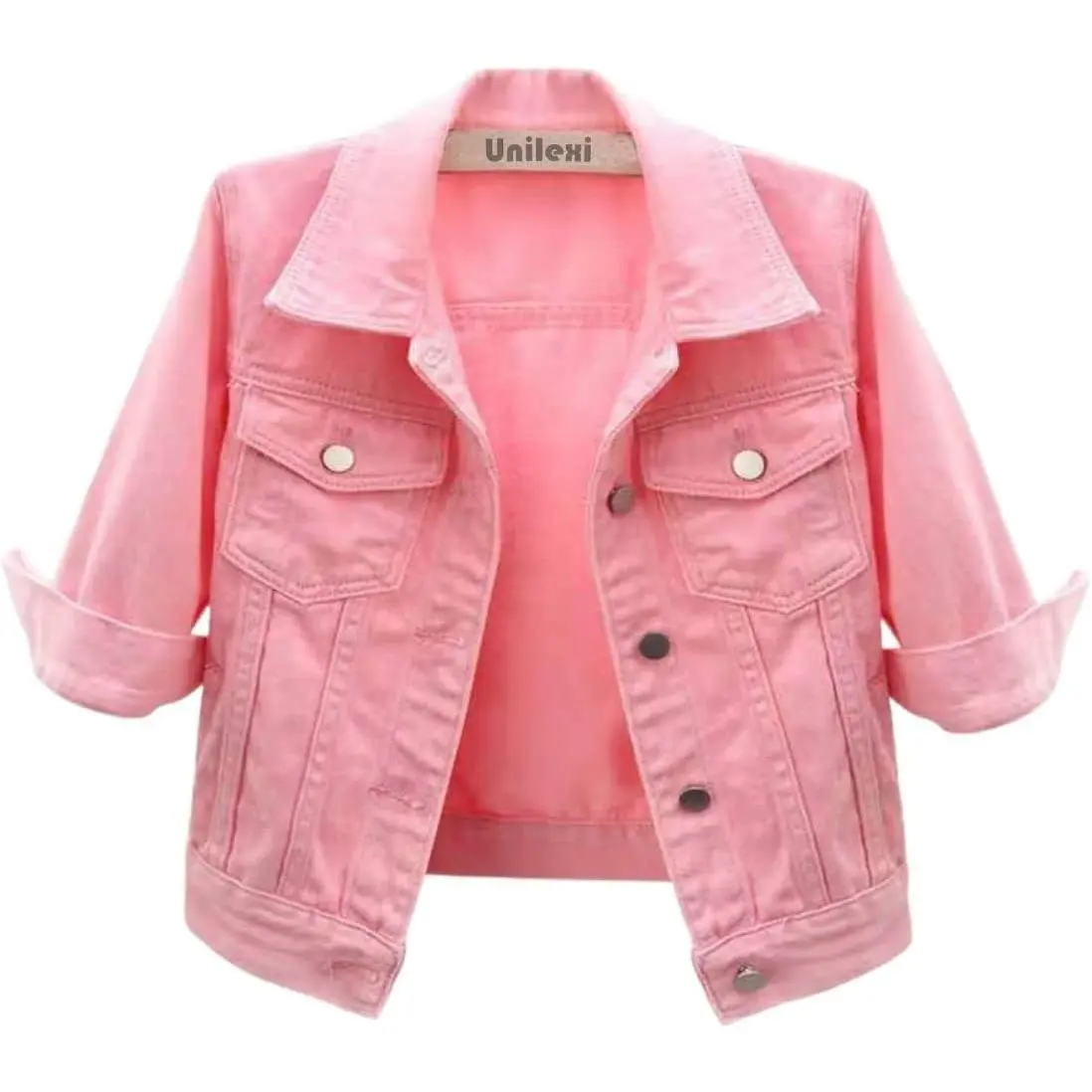 Women's Washed Denim Cropped Trucker Coat - Short Length, 3/4 Sleeves, Button-Front, Solid, Casual Outerwear for All Season Wear, Everyday Use