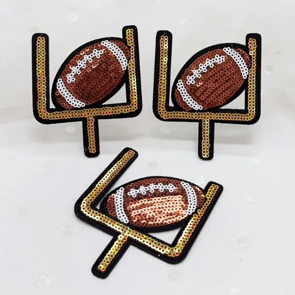 3-Pack Embroidered Cotton Blend Sports Iron-On Patches - Football Motif, Goalpost Shape, Brown & Gold Sequins, Clothing Decor, for Hats & Bags, Small Business Startups
