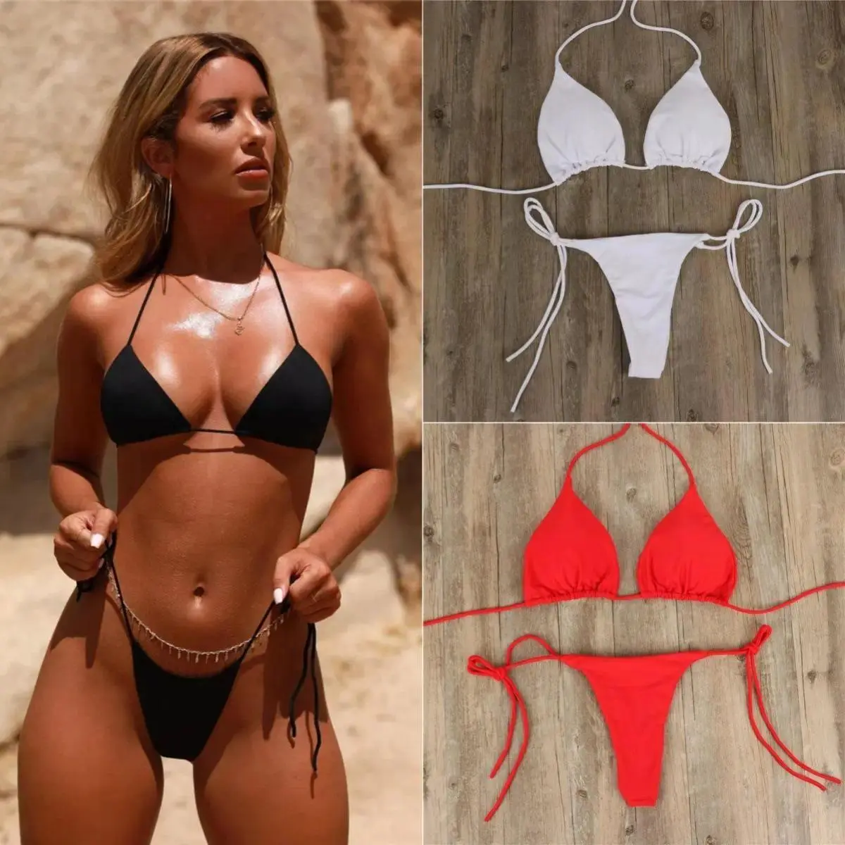 Women Sexy Bikini Set Solid Color Triangle 3 Piece Swimwear Adjustable Strappy Cheeky Split Swimsuit, Fashion High Cut Beachwear Bathing Suit for Summer Vacation, Pool Party & Beach Holiday