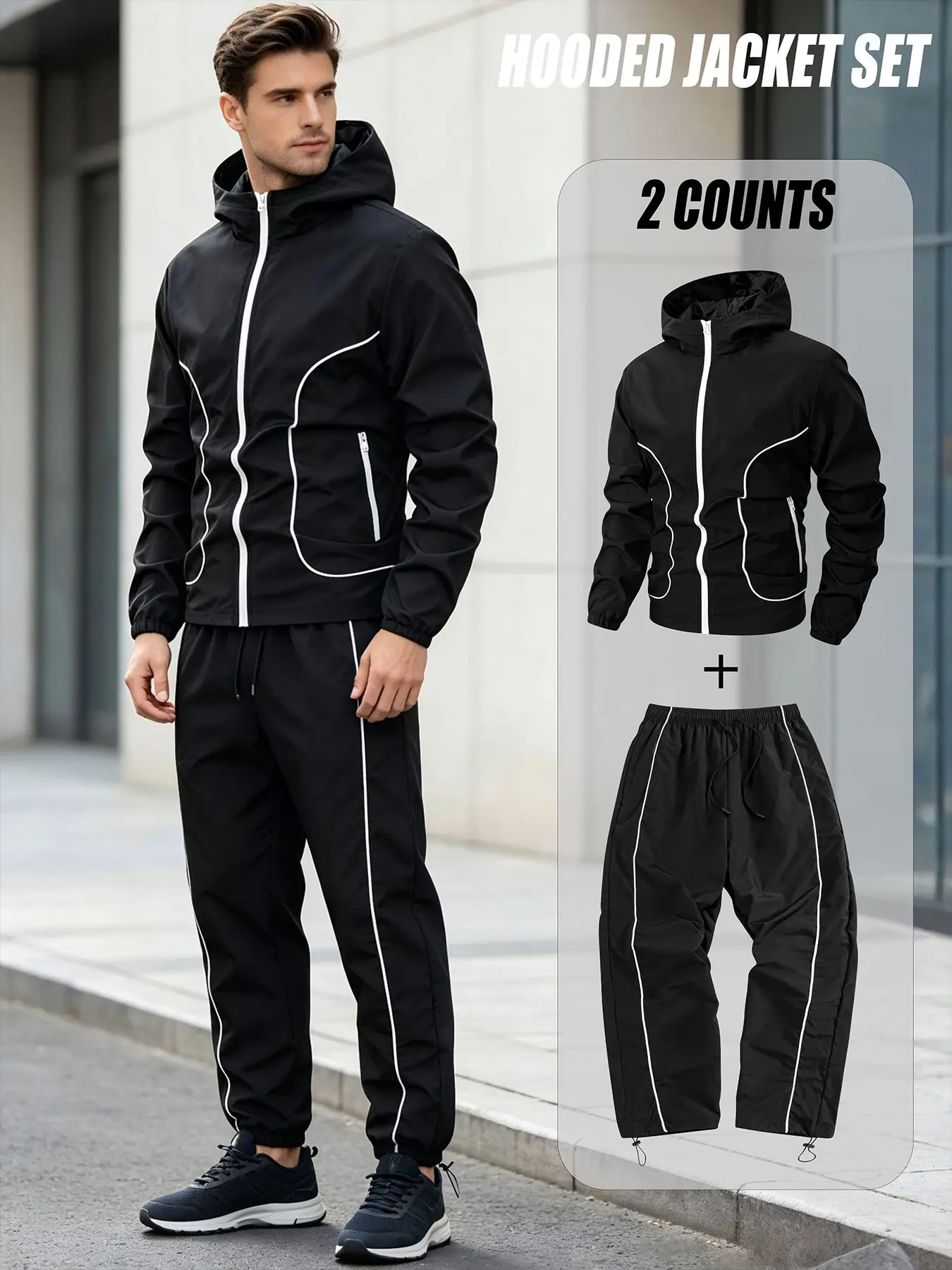 Men's Casual Sport Suit, Hooded Jacket + Long Pants, Lightweight Fiber, Adjustable Drawstring, Ideal for Indoor & Outdoor Activities, Hooded Tracksuit Set