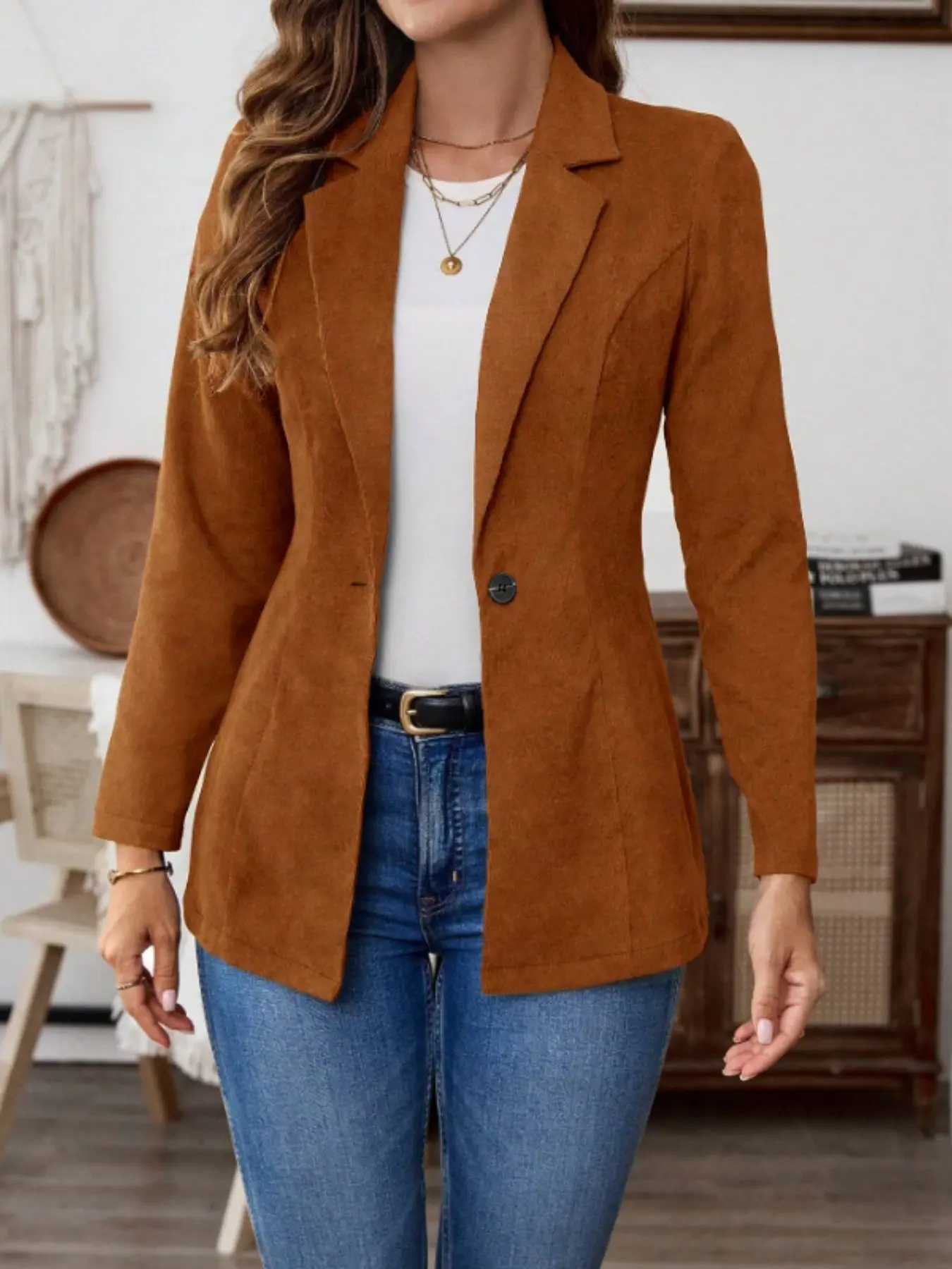 Women's Suede Waistcoat Jacket, Single Button Notch Lapel, Fitted Elegant Blazer, Casual Office Wear, Spring & Fall Fashion