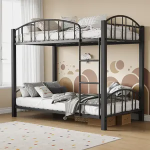 Space-Saving Twin Over Twin Metal Bunk Bed - Durable Heavy-Duty Steel Frame, Arched Guardrail, Safety Ladder, Silent, No Box Spring Needed, Assembly Required - Kids' Bedroom Furniture for Kids of All Ages - Matte Black/White/Gray