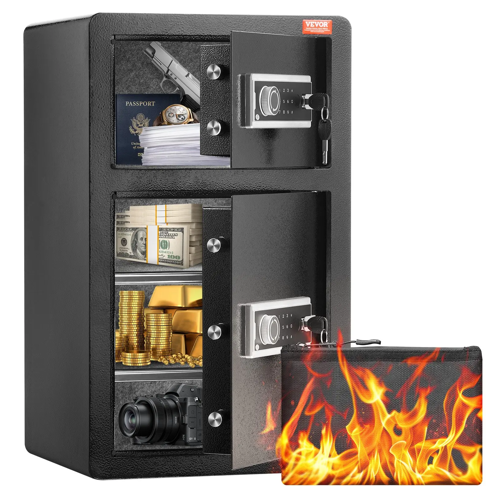 【Summerfinds】VEVOR Alloy Steel 4.5 cu.ft Double-Door Safe Box - Key Lock, Password, Fireproof Bag, Key Rack, LED Lights, 2 Height-Adjustable Removable Dividers & Shelf, 27.35 kg, 700x420x380 mm, Dual Alarm, External Power for Hotels (Tools & Hardware), Of