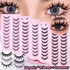 MAANGE 10 Pairs × 6 Boxes False Eyelashes Set, 60 Pairs Total 6 Styles Wispy Thick Eyelashes with Tweezers, 3D Faux Mink Cat Eye Lashes, Natural & Dramatic Look, Lightweight Reusable Fake Lashes for Daily & Party Makeup, Beginner Friendly Eyelashes Kit