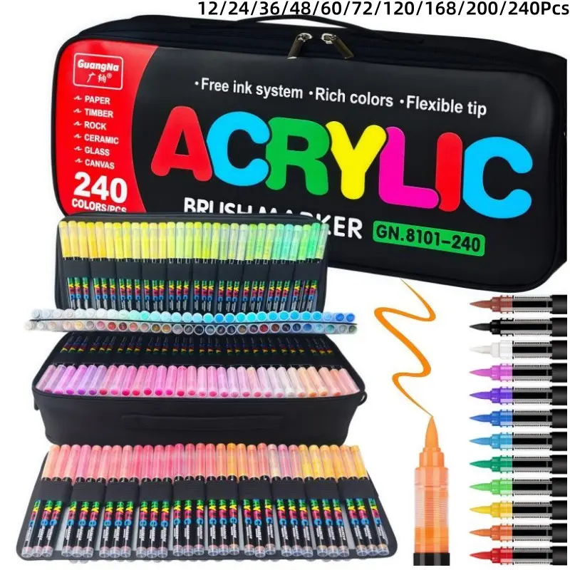 Acrylic Paint Markers Brush Tip, Acrylic Paint Pens with Direct-Liquid Ink System, Paint Markers for Rock Painting, Fabric, Wood, Canvas, Plastic, Permanent,Washable,Quick-Drying,Waterproof, Art Marker Set, Coloring Markers