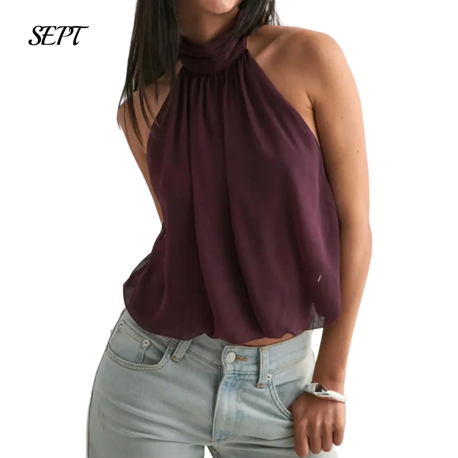 Women's Halter Sleeveless Top Backless Solid Color Loose Fit Summer Casual Club Party Vest