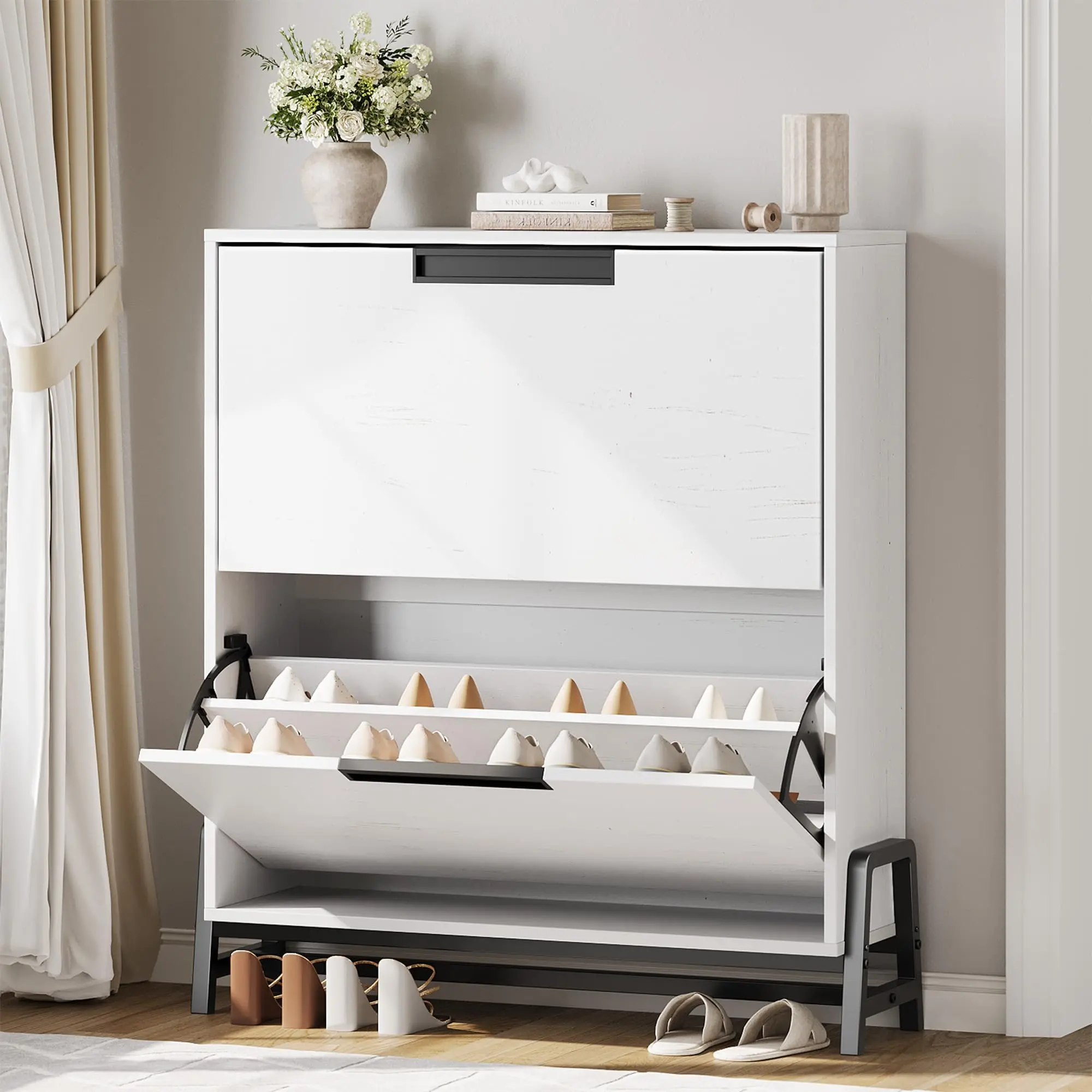 GARVEE Modern Entryway Shoe Rack with Two Rotating Drawers, Adjustable Shelf, and Metal Legs - Space-Saving Independent Organizer for Hallway, Foyer, or Closet in White or Oak Finish