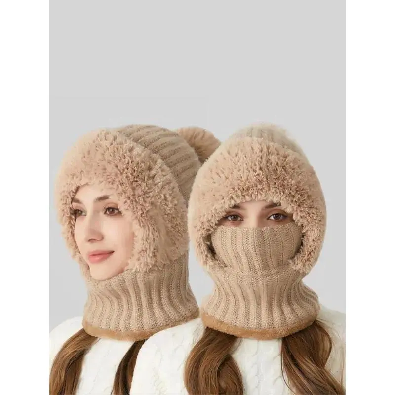 Women's Solid Plain Cotton Knit Pom Pom Beanie, Thick Warm 1-Size Stretch Hat, Fall Winter Fashion Accessory, Casual Wear, Ideal Holiday Gift, One Size Stretch