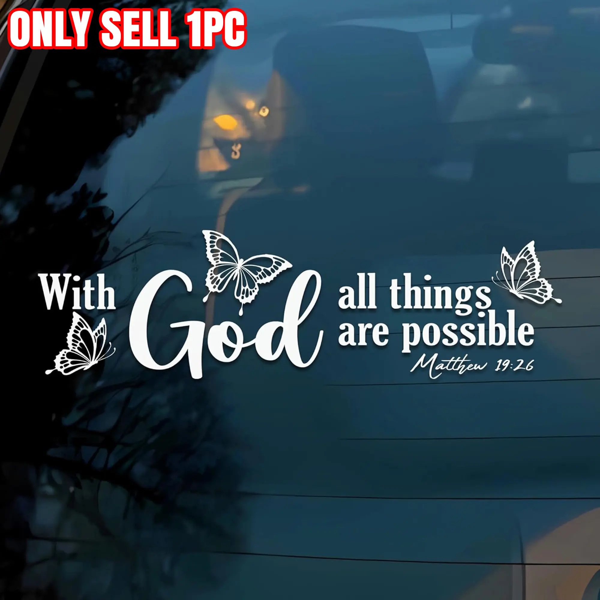 1Pc Butterfly Christian Car Decal, Religious Bible Verse Sticker with Words All Things Are Possible & God Is With You, Waterproof Inspirational Auto Sticker for Car Windows & Trucks, Car Stickers, Perfect Gift for Mom