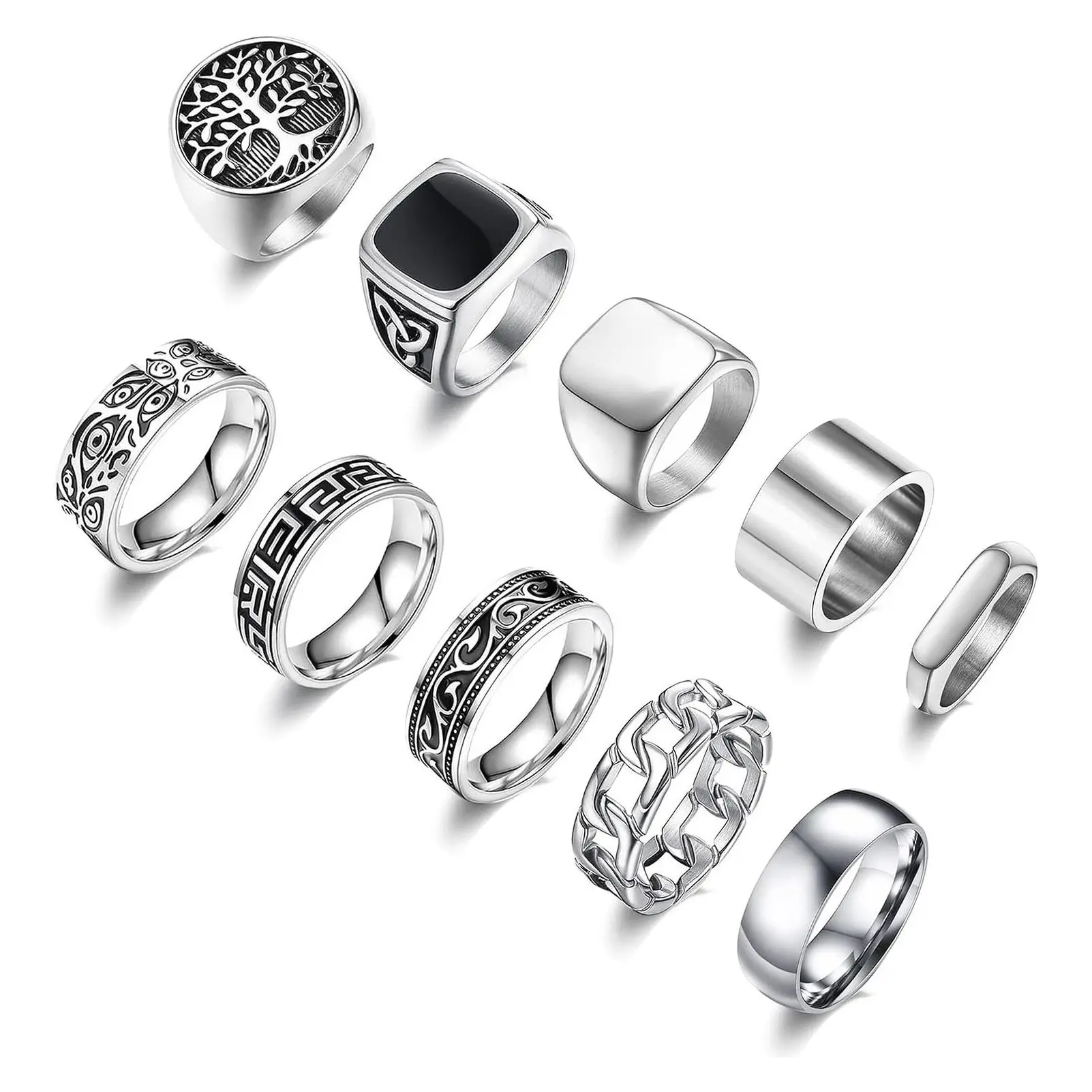 Men's Stainless Steel Vintage Signet Ring Set - Square Pinky Thumb Biker Rings, Chunky Thin Band, Sizes 7-13, 10 PcsGift