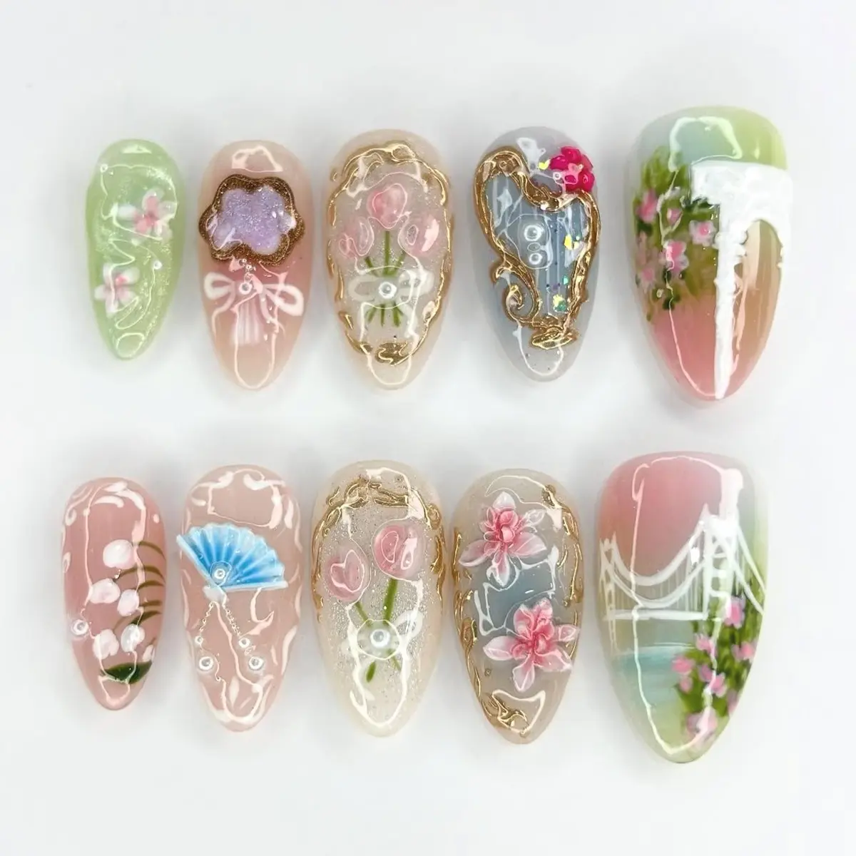 30pcs 3D Hand Painted Press on Nails, Medium Almond Fake Nails with Trim & Floral Design, Reusable Gel False Nails for Women, False Nail Set, Artificial Nails