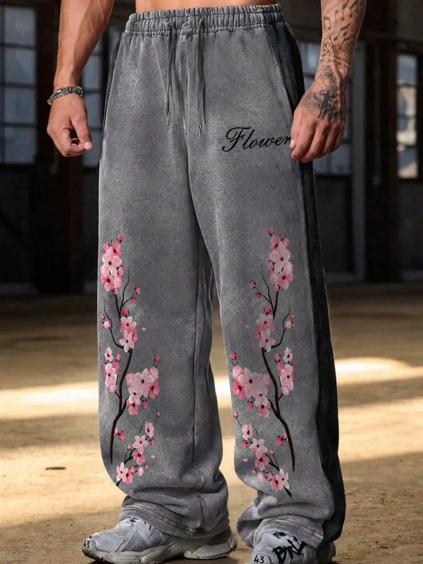 Aesthetic Floral Cherry Blossom Baggy Joggers | Vintage Washed Grey Track Pants with Drawstring, Athleisure Style Bottoms | Unisex Oversized Streetwear Sweatpants for Lounging & Daily School Fits