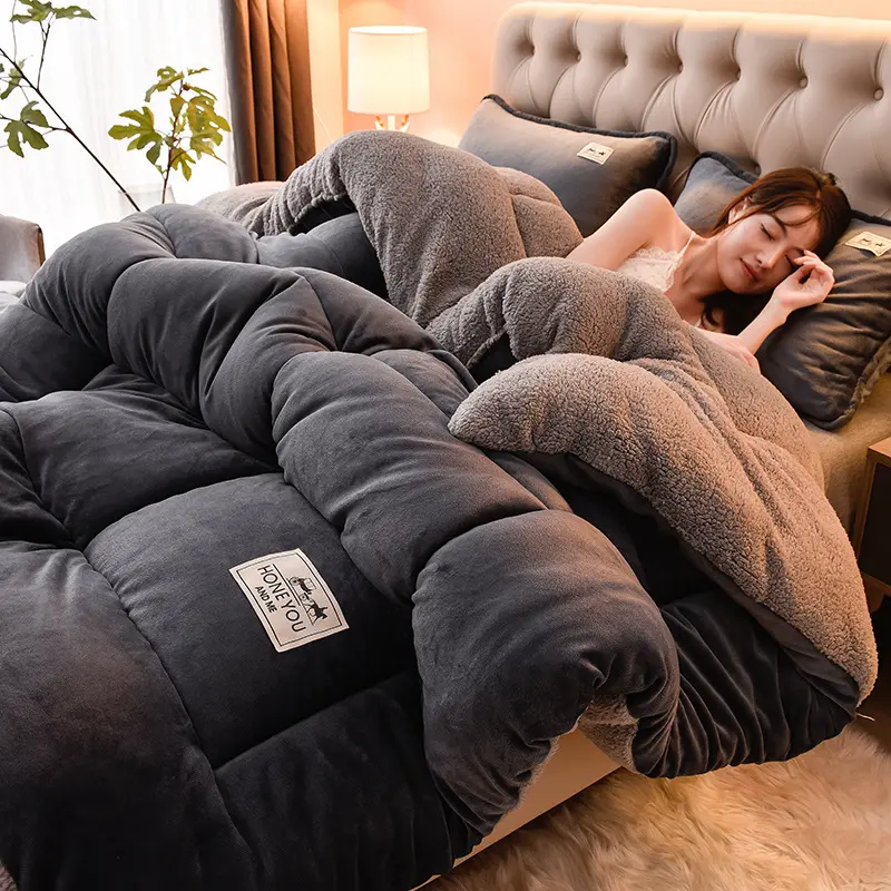 Solid Color Thickened Winter Quilt, Warm Lamb Fleece & Snow Velvet Comforter Insert for Air Conditioning / Single Mattress Pad