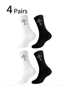 4 Pairs Men's Sports Socks, Athletic Socks, Cross Design, Spring Summer, Basketball Socks, College Style, Comfortable Soft, All Seasons