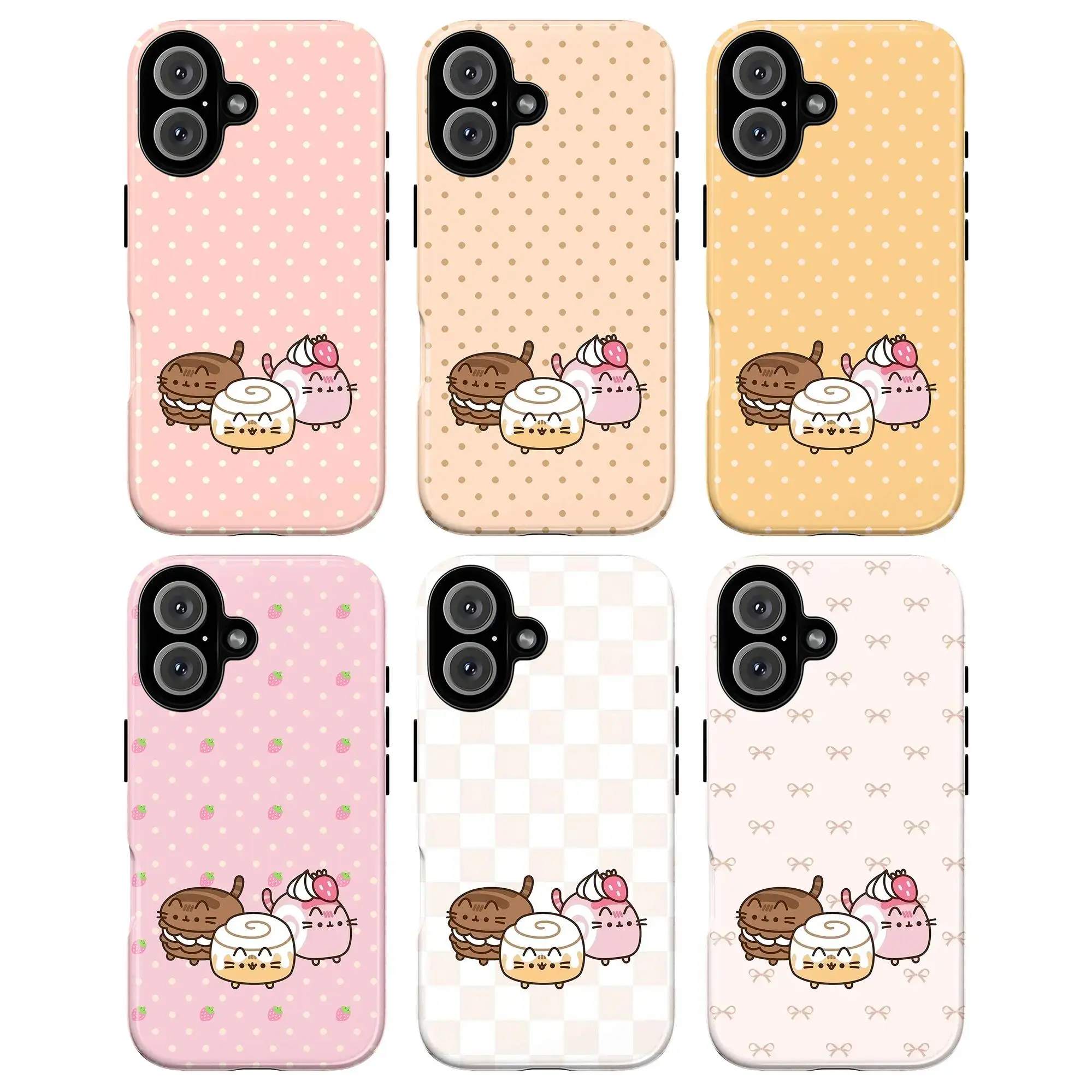 Dessert Cat Trio Phone Case Set, Macaron Cinnamon Roll Cupcake Strawberry Pink Beige Yellow Checkerboard Bows Polka Dots Kawaii Whimsical Vibes, Play Now Aesthetic Gift, Suitable for iPhone 17-11 Pro Max/Plus and  Samsung Galaxy S23-25, Shell, Resistance,