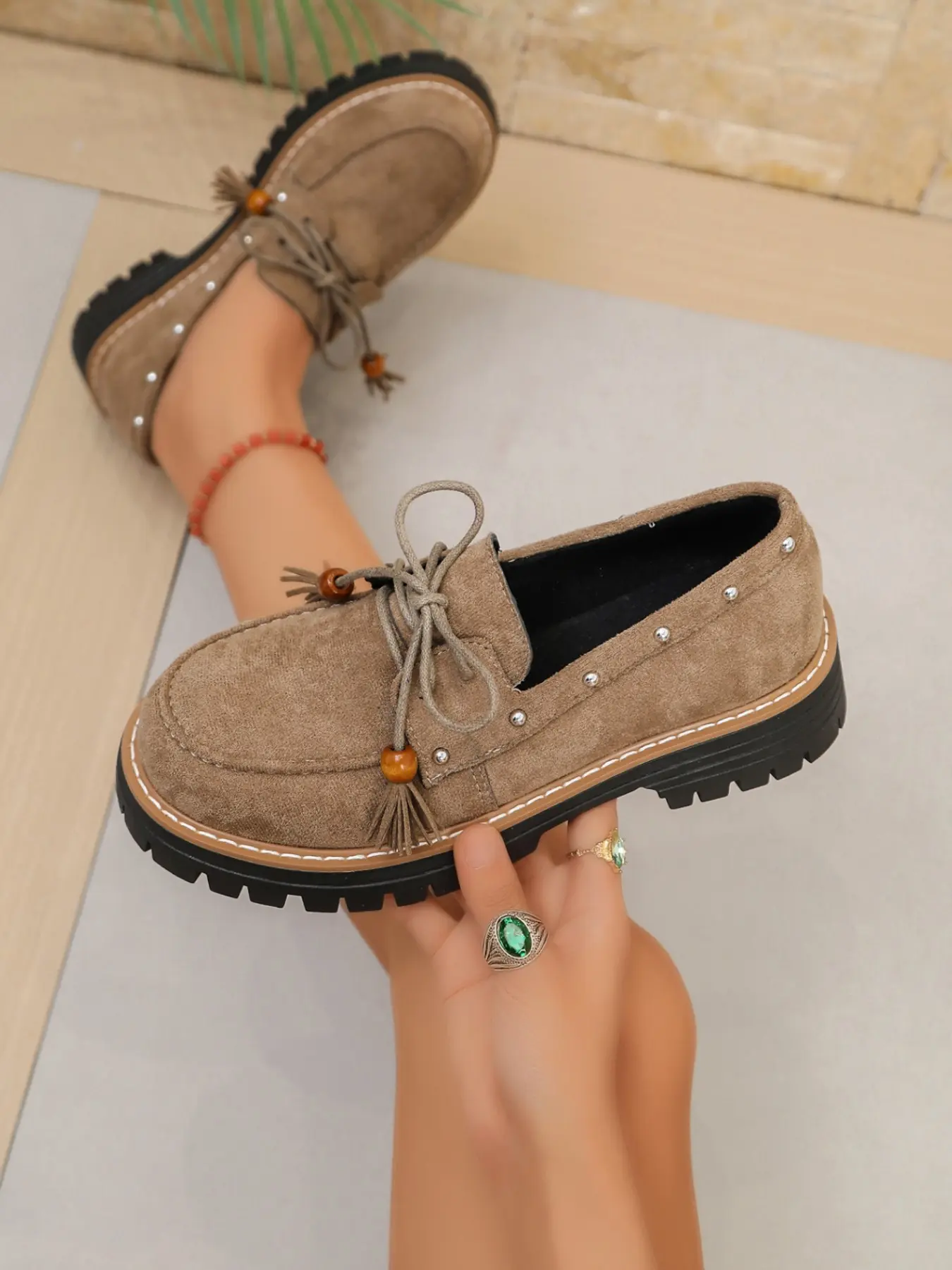 Vintage Suede Platform Moccasins for Women, Tassel Bead Lace Up Loafers, Rivet Decor Chunky Sole, Casual Daily Walking Shoes