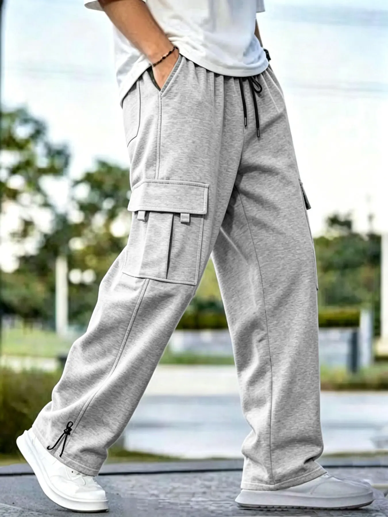 Men's Fall Winter Workwear Sweatpants, Thin Fleece Lining, Elastic Drawstring Waist, Large Side Pockets, Adjustable Ankle, Comfortable Street Style