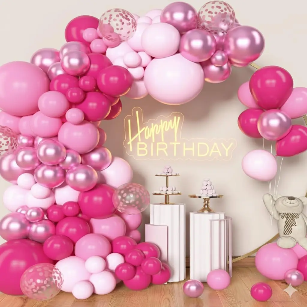 Pink Balloons Arch Kit, 157Pcs Hot Pink Balloon Garland Kit Metallic Rose Gold Confetti Balloons for Birthday, Wedding, Princess Theme, Engagements, Baby Shower, Anniversary Party Decoration