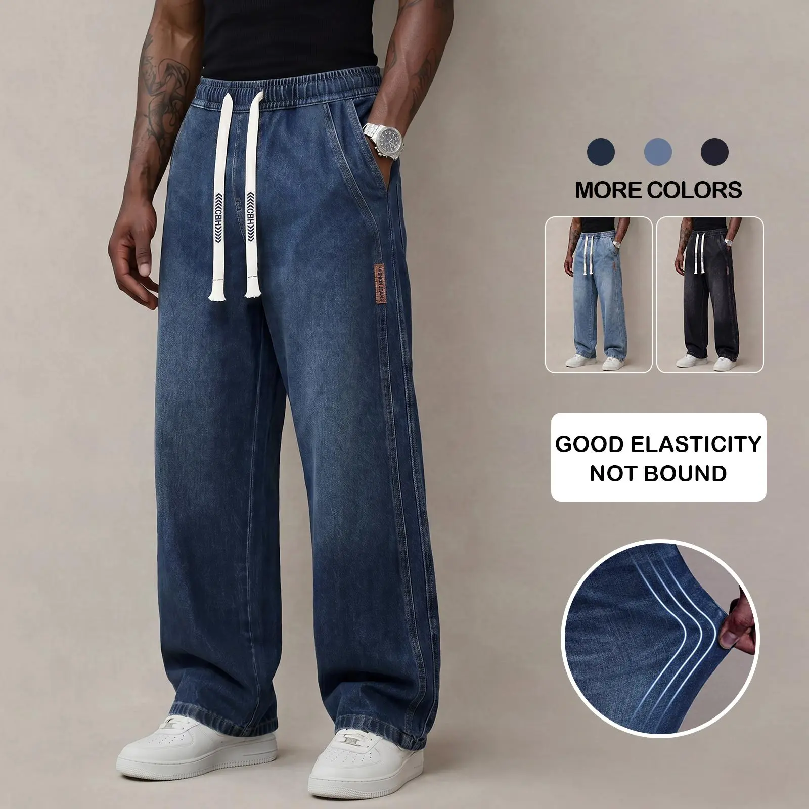 Men’s autumn denim jeans – comfortable cotton fabric with slight stretch, trendy thick design, loose fit for everyday wear; long denim pants with drawstring elastic waistband, men’s style.,sohochic