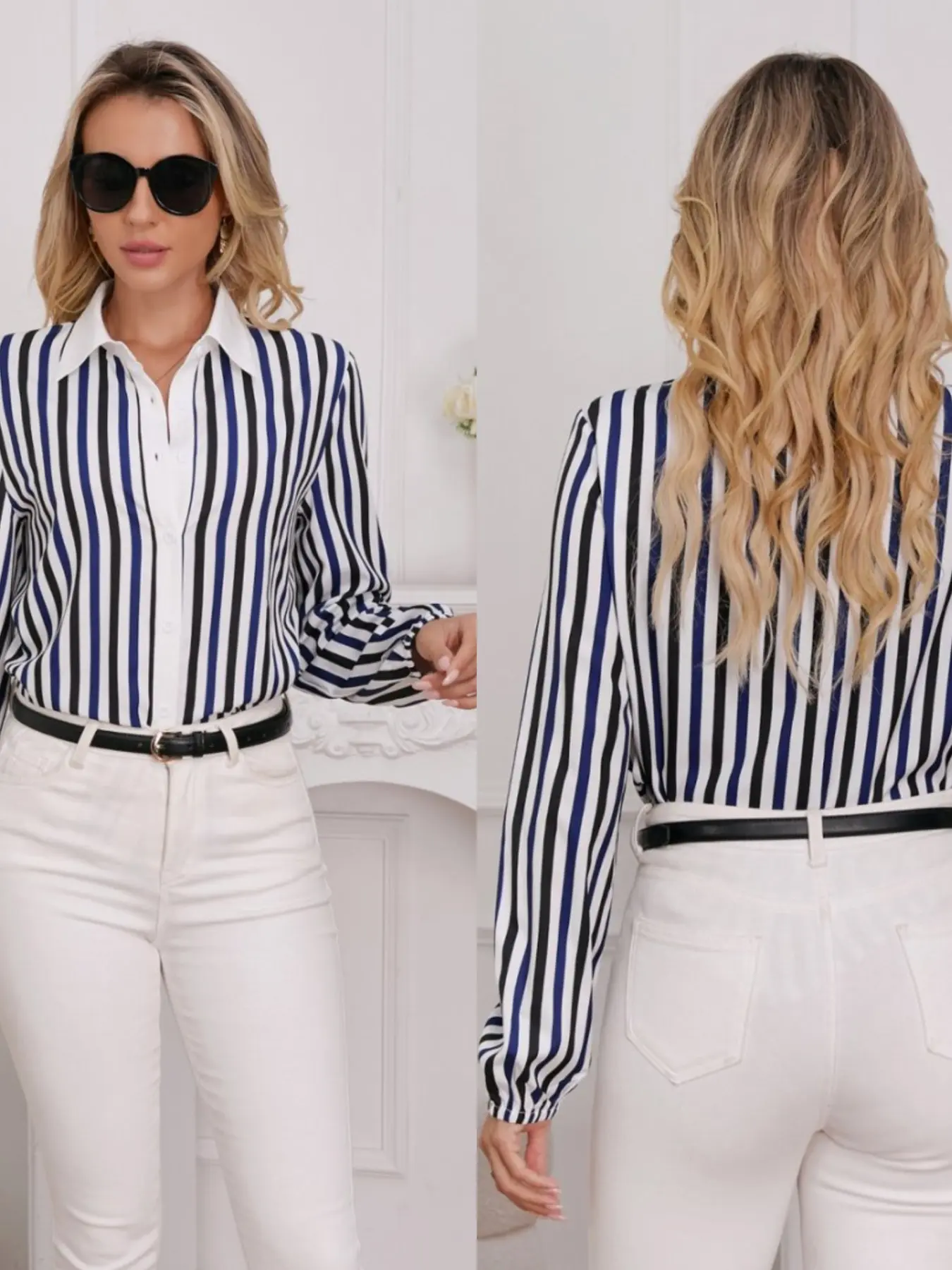 Blue Striped Lapel Long Sleeve Blouses Shirt for Women, Loose Fit Slimming Fabric, Versatile OL Style, Perfect for Office and Dates