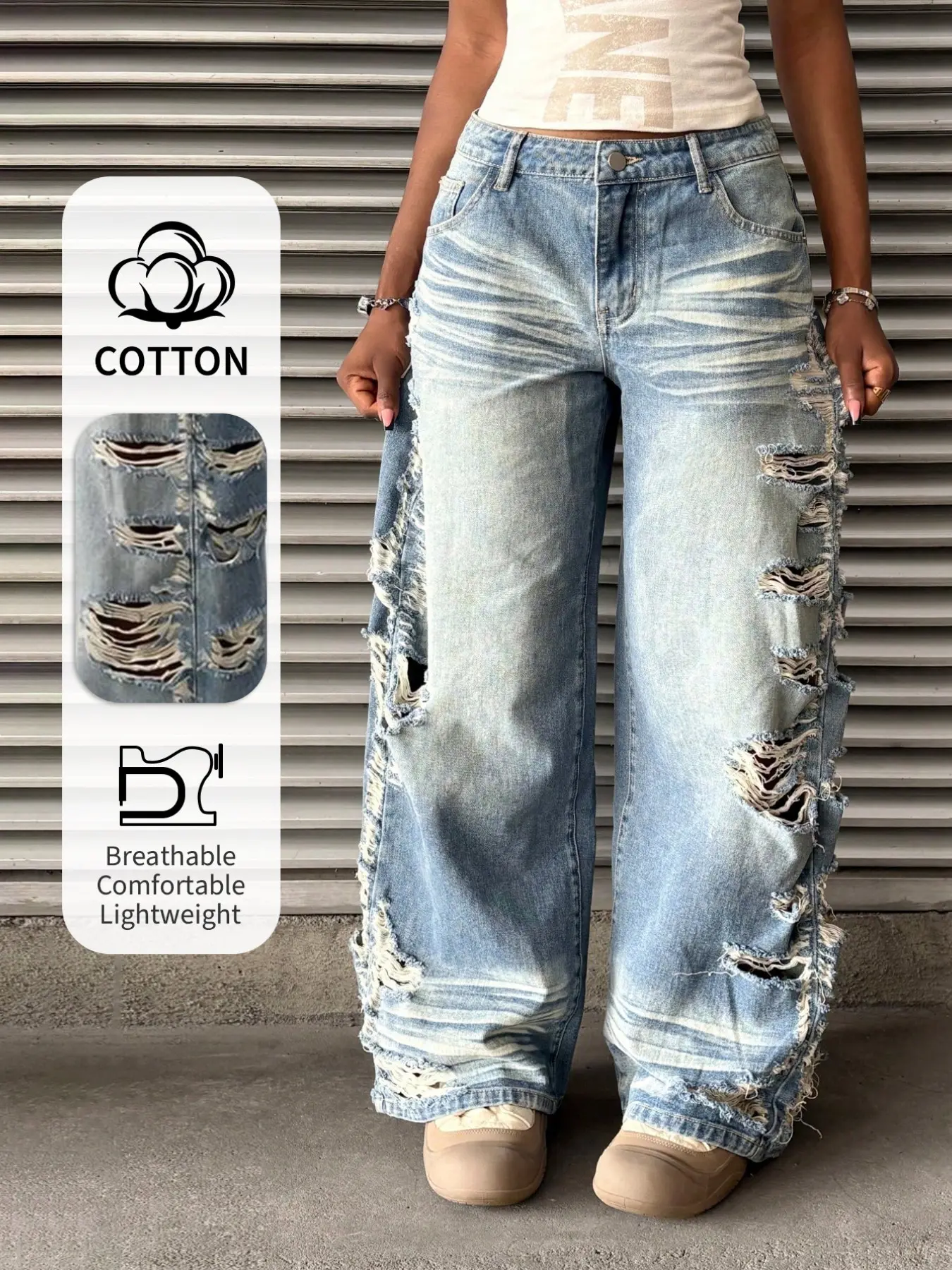 Women's Loose Straight Leg High Waist Jeans, Dual Side Large Hole Design, Casual Daily Wear, Y2K Style, Fall Fashion