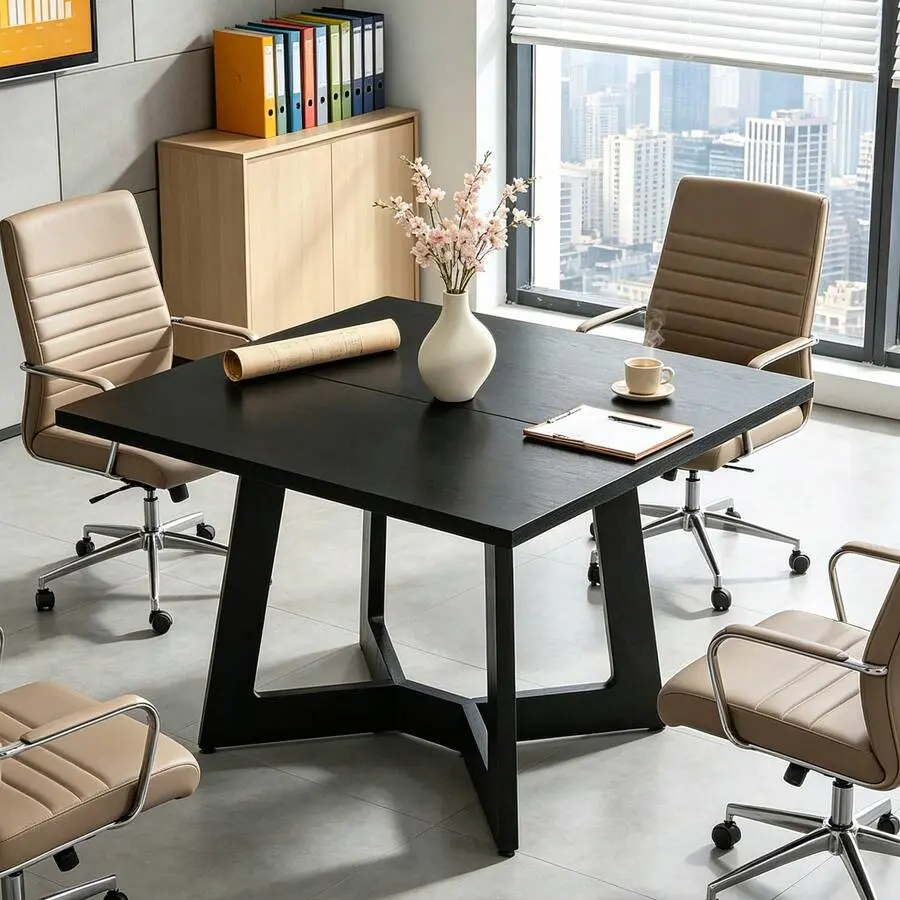 39.37-Inch Square Small Conference Table, Office Meeting Table, Modern Writing Desk For Office, Conference Room, Small Spaces, Black