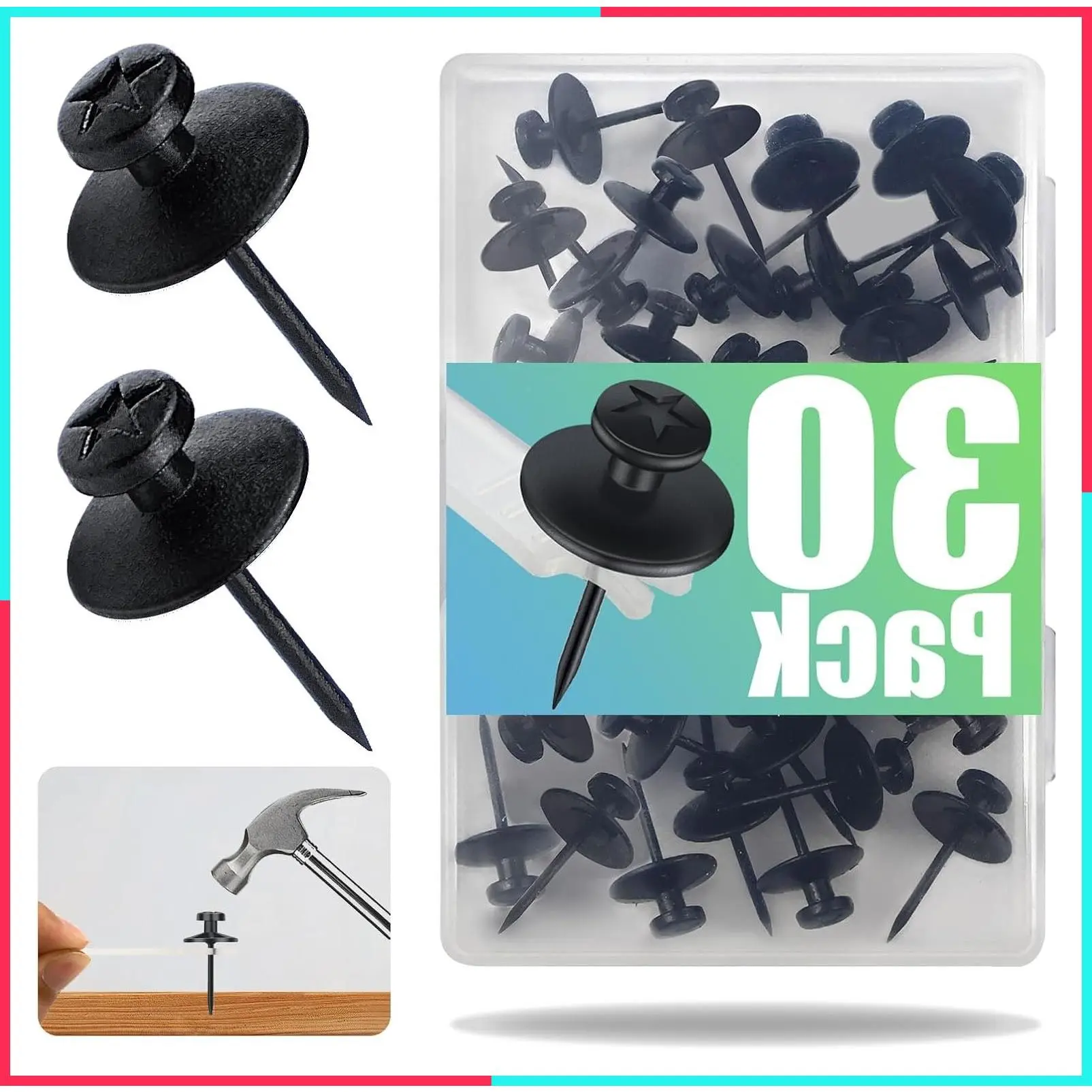 30 Pack Double Headed Push Pins for Hanging Pictures & Tapestry, Mini Wall Hook Design for Small Wall Decor & String Lights, Renter Friendly Thumb Tacks for Dorm, Apartment & Home Office, Black