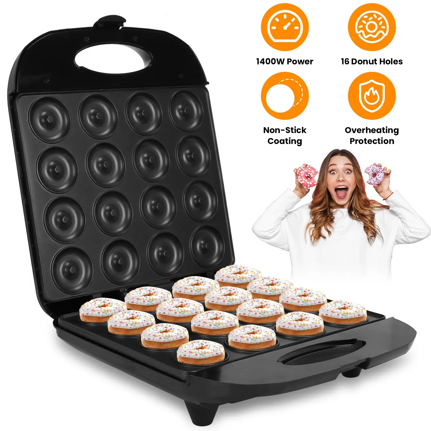 16-Hole Mini Doughnut Maker Machine, Non-Stick Double-Side Heating Kitchen Appliance with Overheat Safe Protection, Fast Bake, US Plug, Ideal for Kids Snacks & Breakfast