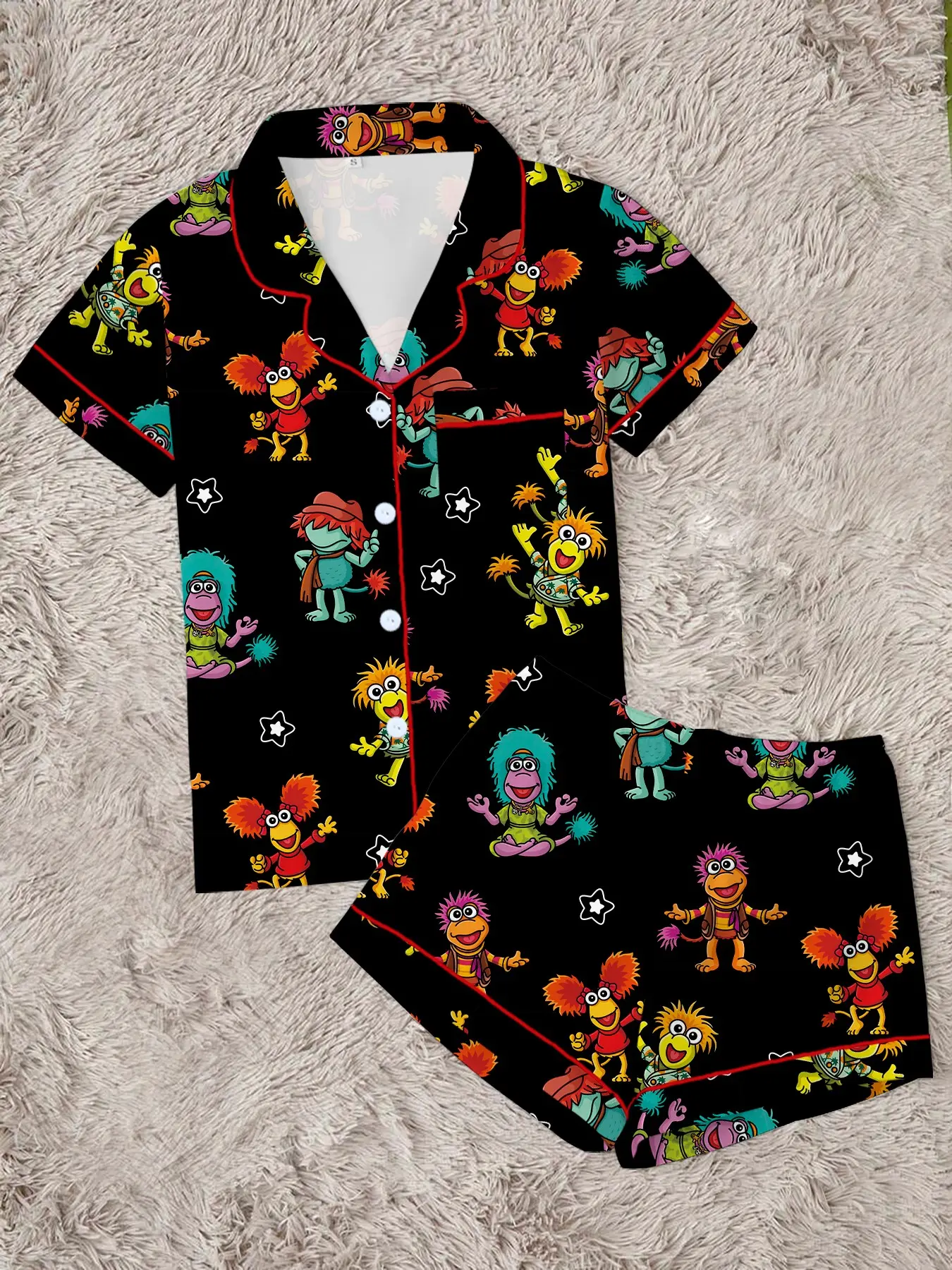 Women's Pajama Set, Base Cute Cartoon Star Print, Fitted Short Sleeve Open Front, Two-Piece Summer Sleepwear, Casual Home Wear